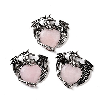 Natural Rose Quartz Pendants, Heart Charms, with Rack Plating Antique Silver Tone Alloy Dragon Findings, 51~52.5x55x10.5~11mm, Hole: 7x4.5mm