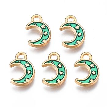 Light Gold Plated Alloy Enamel Pendants, Moon with Star, Turquoise, 11.5x7.5x1.5mm, Hole: 1.5mm
