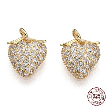 925 Sterling Silver Micro Pave Cubic Zirconia Charms, with S925 Stamp, Strawberry Charms, Nickel Free, Real 18K Gold Plated, 12x9.5x6mm, Hole: 1.4mm