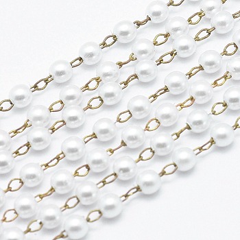 Handmade ABS Plastic Imitation Pearl Beaded Chains, Soldered, with Brass Chain, Raw(Unplated), 3mm