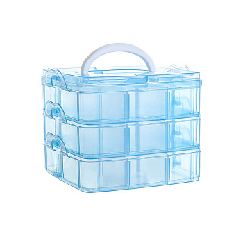 3-Tier Transparent Plastic Storage Container Box, Stackable Organizer Box with Dividers & Handle, Square, Light Sky Blue, 15x15x12cm