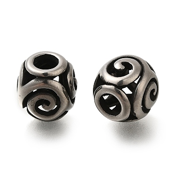 304 Stainless Steel European Beads, Large Hole Beads, Round with Vortex, Antique Silver, 9.5x10mm, Hole: 4mm