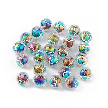 UV Plating Rainbow Iridescent Acrylic Enamel Beads, Round with Cat Paw Print, Colorful, 15~16mm, Hole: 2.3mm