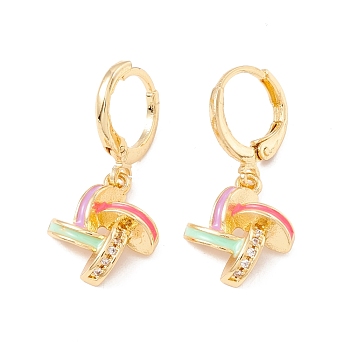 Enamel Windmill Dangle Leverback Earrings with Clear Cubic Zirconia, Real 18K Gold Plated Brass Drop Earrings, Lead Free & Cadmium Free, Colorful, 28mm, Pin: 0.8x1mm