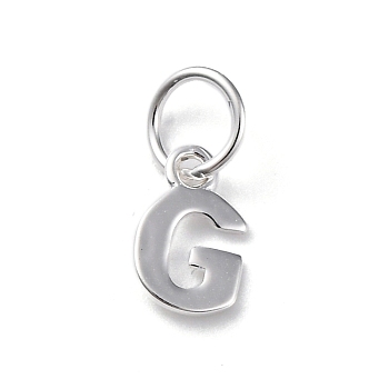 925 Sterling Silver Letter Charms, with Jump Rings and 925 Stamp, Silver Color Plated, Letter G, 8x5x0.8mm, Hole: 4mm