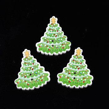 Christmas 2-Hole Spray Painted Maple Wooden Buttons, Single-Sided Printed, Christmas Tree, Light Green, 40x32x2mm, Hole: 1.8mm