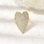Brass Micro Pave Cubic Zirconia Cuff Open Rings for Women, Heart, Rack Plating, Long-Lasting Plated, Lead Free & Cadmium Free, Real 18K Gold Plated, 26mm, Inner Diameter: 18mm(RJEW-K264-11G)