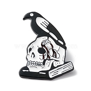 Skull with Crow Book Enamel Pin, Halloween Alloy Brooch for Backpack Clothes, Electrophoresis Black, White, 35x25.5x1.5mm(ENAM-B046-01)