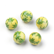 Opaque Printed Acrylic Beads, Round with Pot Leaf/Hemp Leaf Pattern, Yellow Green, 10x9.5mm, Hole: 2mm(X-MACR-S271-10mm-08)