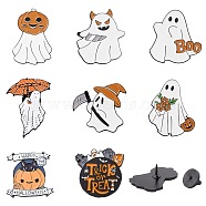 8Pcs 8 Style Ghost & Pumpkin Enamel Pins, Halloween Alloy Badges for Backpack Clothes, Electrophoresis Black, Mixed Color, 28~35x20~35.5x1.5mm, Pin: 1mm, 1Pc/style(JEWB-SZ0001-70)