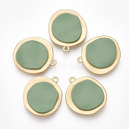 Smooth Surface Spray Painted Alloy Pendants, Flat Round, Matte Gold Color, Medium Aquamarine, 26x23x5mm, Hole: 2mm(PALLOY-T067-24A)