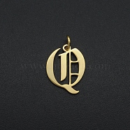 201 Stainless Steel Pendants, with Jump Ring, Old English, Letter, Laser Cut, Golden, Letter.Q, 16x12x1mm, Hole: 3mm(STAS-R111-JA566-Q)