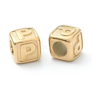 304 Stainless Steel European Beads, Large Hole Beads, Horizontal Hole, Cube with Letter, Golden, Letter.P, 8x8x8mm, Hole: 4mm(STAS-H145-01P-G)