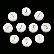 Natural Freshwater Shell Beads, with Golden Plated Brass Etched Metal Embellishments, Flat Round with Letter, Letter J, 7.5~8x4~5mm, Hole: 0.8mm(SHEL-N036-01J)