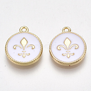 Brass Charms, with Enamel, Flat Round with  Fleur De Lis, Creamy White, Nickel Free, Real 18K Gold Plated, 14x12x2mm, Hole: 1.2mm(X-KK-S350-007G)