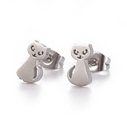 304 Stainless Steel Kitten Stud Earrings, Hypoallergenic Earrings, with Ear Nuts/Earring Back, Cat Silhouette, Stainless Steel Color, 9x5mm, Pin: 0.8mm, 12pairs/card(X-EJEW-F227-11P)
