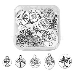 50Pcs 5 Styles Tibetan Style Alloy Pendants, Oval with Tree of Life, Antique Silver, 14.8~24x11.5~15x1.5~2mm, Hole: 2mm, 10pcs/style(TIBEP-YW0001-49)