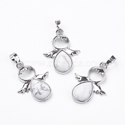 Natural Howlite Pendants, Angel, with Brass Findings, Platinum, 34x25.5x4.5~6.5mm, Hole: 4~5x7mm(G-G651-A14)