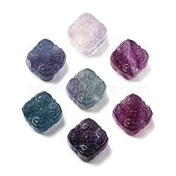 Natural Fluorite Beads, Square with Carved Flower, 14x14x7.5mm, Hole: 0.8mm(G-M088-03)