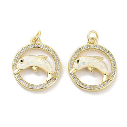 Brass Micro Pave Clear Cubic Zirconia Pendants, with Synthetic Opal and Jump Rings, Real 18K Gold Plated, Ring with Dolphin Charms, White, 20.5x18x3.5mm, Hole: 3mm(KK-L213-025G)