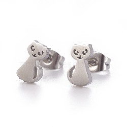 Tarnish Resistant 304 Stainless Steel Kitten Stud Earrings, Hypoallergenic Earrings, with Ear Nuts/Earring Back, Cat Silhouette, Stainless Steel Color, 9x5mm, Pin: 0.8mm, 12pairs/card(X-EJEW-F227-11P)