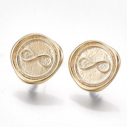 Brass Stud Earring Findings, with Loop, Real 18K Gold Plated, Flat Round with Infinity, 13x13.5mm, Hole: 2mm, Pin: 0.8mm(X-KK-T038-459G)
