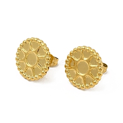 Ion Plating(IP) 304 Stainless Steel Stud Earring Cabochon Settings, Flat Round with Sun, Real 18K Gold Plated, Tray: 4mm, 14mm, Pin: 0.8mm(EJEW-I281-05G)