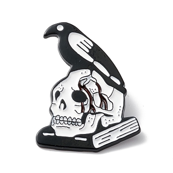 Skull with Crow Book Enamel Pin, Halloween Alloy Brooch for Backpack Clothes, Electrophoresis Black, White, 35x25.5x1.5mm