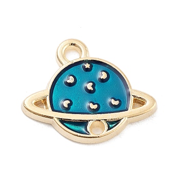 Light Gold Plated Alloy Enamel Pendants, Cadmium Free & Lead Free, Planet Charm, Steel Blue, 13x16x2mm, Hole: 1.5mm