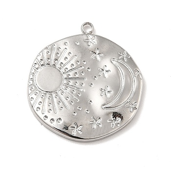 Non-Tarnish 304 Stainless Steel Pendants, Flat Round with Moon & Sun, Stainless Steel Color, 22x21x2.5mm, Hole: 1.6mm