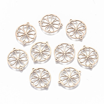 304 Stainless Steel Links Connectors, Laser Cut, Flat Round with Hollow Flower, Rose Gold, 15x18x1mm, Hole: 0.8mm