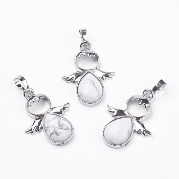 Natural Howlite Pendants, Angel, with Brass Findings, Platinum, 34x25.5x4.5~6.5mm, Hole: 4~5x7mm