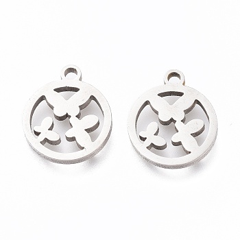 201 Stainless Steel Charms, Laser Cut, Ring with Butterfly, Stainless Steel Color, 12x10x1mm, Hole: 1.2mm