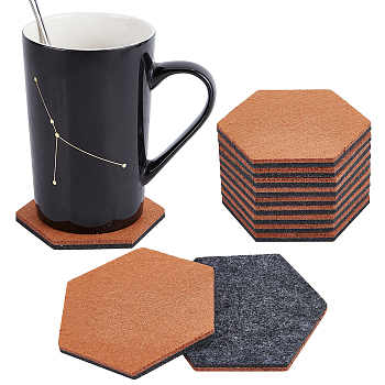 Hexagon Wool Felt Cup Mat, Felt Coaster, for Drink with Holder, Sienna, 9.8x8.6x0.6cm