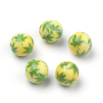 Opaque Printed Acrylic Beads, Round with Pot Leaf/Hemp Leaf Pattern, Yellow Green, 10x9.5mm, Hole: 2mm