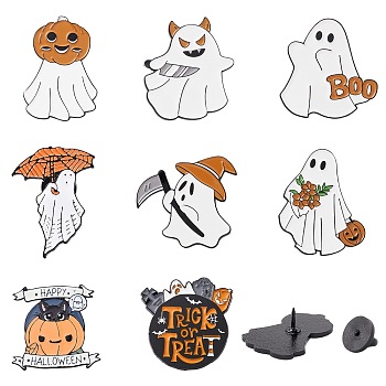 8Pcs 8 Style Ghost & Pumpkin Enamel Pins, Halloween Alloy Badges for Backpack Clothes, Electrophoresis Black, Mixed Color, 28~35x20~35.5x1.5mm, Pin: 1mm, 1Pc/style