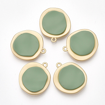 Smooth Surface Spray Painted Alloy Pendants, Flat Round, Matte Gold Color, Medium Aquamarine, 26x23x5mm, Hole: 2mm
