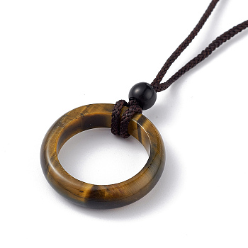 Natural Tiger Eye Ring Pendant Necklace with Nylon Cord for Women, 27.95 inch(71cm)