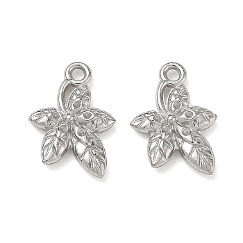 304 Stainless Steel Pendants, Leaf Charms, Stainless Steel Color, 16x11x3mm, Hole: 1.5mm