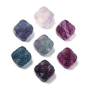 Natural Fluorite Beads, Square with Carved Flower, 14x14x7.5mm, Hole: 0.8mm