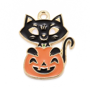 Halloween Alloy Enamel Pandants, Light Gold, Pumpkin with Cat, Black, 24x19x1.5mm, Hole: 1.8mm