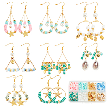 DIY Geometry Earring Making Kit, Including Polymer Clay Disc & Glass Pearl & Alloy Starfish Beads, 304 Stainless Steel & Brass & Natural Shell Charms, Brass Earring Hooks, Mixed Color, 728Pcs/box
