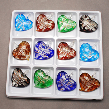 Handmade Silver Foil Lampwork Pendants, with Gold Sand, Heart, Mixed Color, 47~51x43~47x14~20mm, Hole: 7~12mm, 12pcs/box