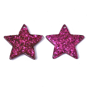 Resin Paillette Pendants, Star, Medium Violet Red, 31x36.5x4.5mm, Hole: 1.5mm