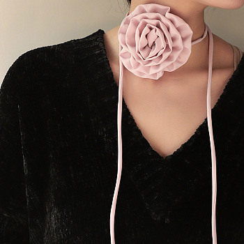 Fabric Rose Tie Choker Necklaces for Women, Adjustable Jewelry for Birthday Wedding Party, Misty Rose, 56.69~56.89inch(144~144.5cm), 6mm