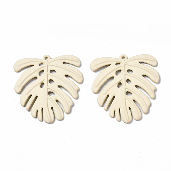 Spray Painted Alloy Pendants, Tropical Leaf Charms, Cadmium Free & Lead Free, Monstera Leaf, Beige, 35.5x33x2mm, Hole: 1.2mm