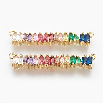 Brass Micro Pave Cubic Zirconia Pendants, Strip, Colorful, Golden, 7.5x36x3.5mm, Hole: 1.2mm