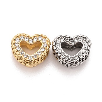 304 Stainless Steel European Beads, with Rhinestone, Large Hole Beads, Heart, Golden & Stainless Steel Color, 10x12.5x7.5mm, Hole: 5mm