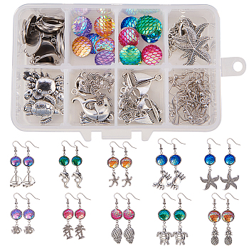 SUNNYCLUE DIY Earring Making, 304 Stainless Steel Cabochon Connector Settings, Tibetan Style Alloy Pendants, Resin Cabochons and Brass Earring Hooks, Mixed Color, 110x70x30mm