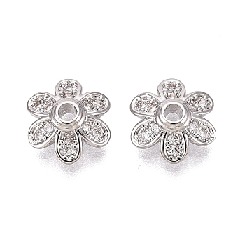 Brass Micro Pave Clear Cubic Zirconia Bead Caps, Flower, Platinum, 10x9x3.5mm, Hole: 1.5mm